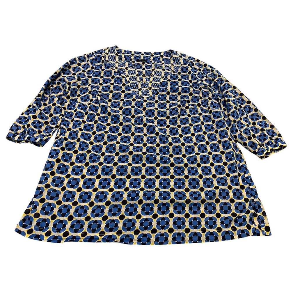 Talbots Woman 1X Top Blouse 100% Cotton Geometric Notch Neck Embroidery